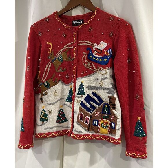 Designers Studio Originals Embroidered‎ Beaded Christmas Cardigan Womens P Small - Picture 2 of 4